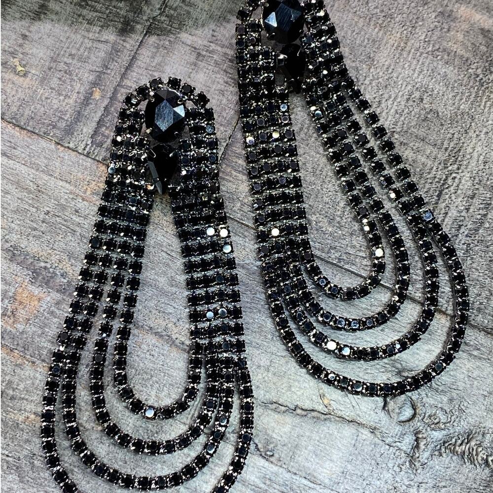 NEW Black Rhinestone Drop Earrings - Picture 1 of 15